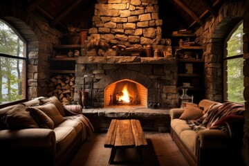 rustic stone fireplace in a cabin setting, created with generative ai