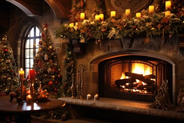 warm fireplace with holiday decorations, created with generative ai