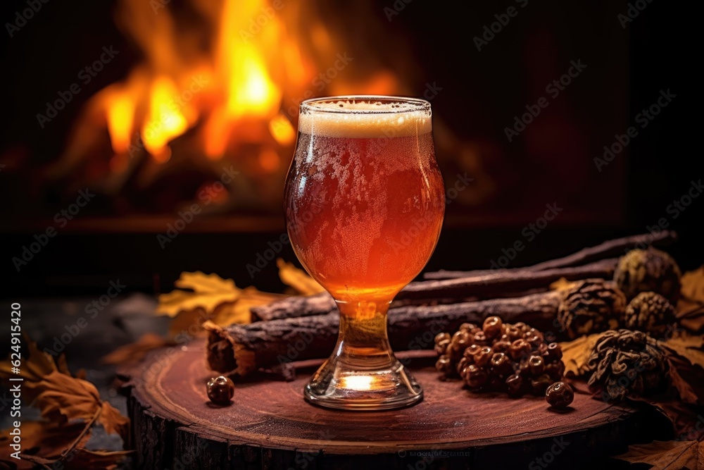 Sticker craft beer in a glass with campfire flames reflecting, created with generative ai