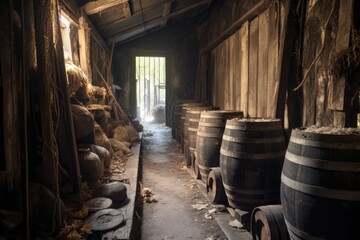 row of old barrels in a rustic cellar, created with generative ai