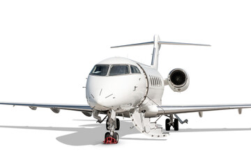 Fototapeta na wymiar Close-up white luxury business jet with an opened gangway door isolated
