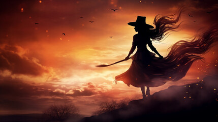 Halloween witch silhouette flying moon new quality universal colorful technology image illustration design, generative ai