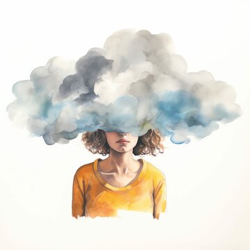 White Woman in Yellow Shirt with Cloud Over Head Symbolizing Depression, Brain Fog, Grief, or Mental Illness