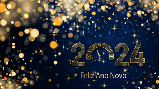 cartão ou banner para desejar um feliz ano novo 2024 em ouro o 0 é um relógio em um fundo gradiente azul escuro com estrelas e círculos na cor dourada no efeito bokeh