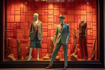 eye-catching store window with mannequins in unique, avant-garde outfits, created with generative ai