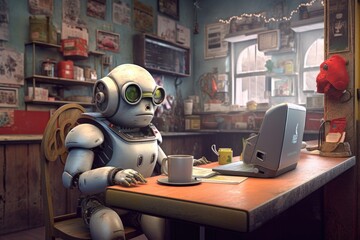 cute robot with a laptop taking orders in a cafe, created with generative ai