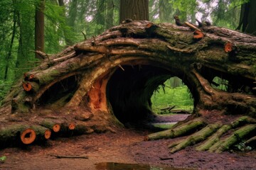 Obraz premium fallen tree with beetle holes and tunnels, created with generative ai