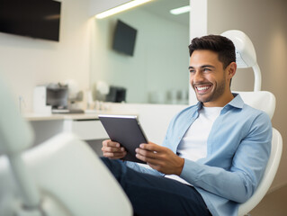 Fototapeta na wymiar A Young Man Using a Digital Tablet at a Dental Office | Generative AI