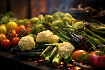 close-up of vegetables grilling on campfire, created with generative ai