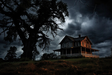  Haunted House amidst a Storm, Transparent background. generative AI