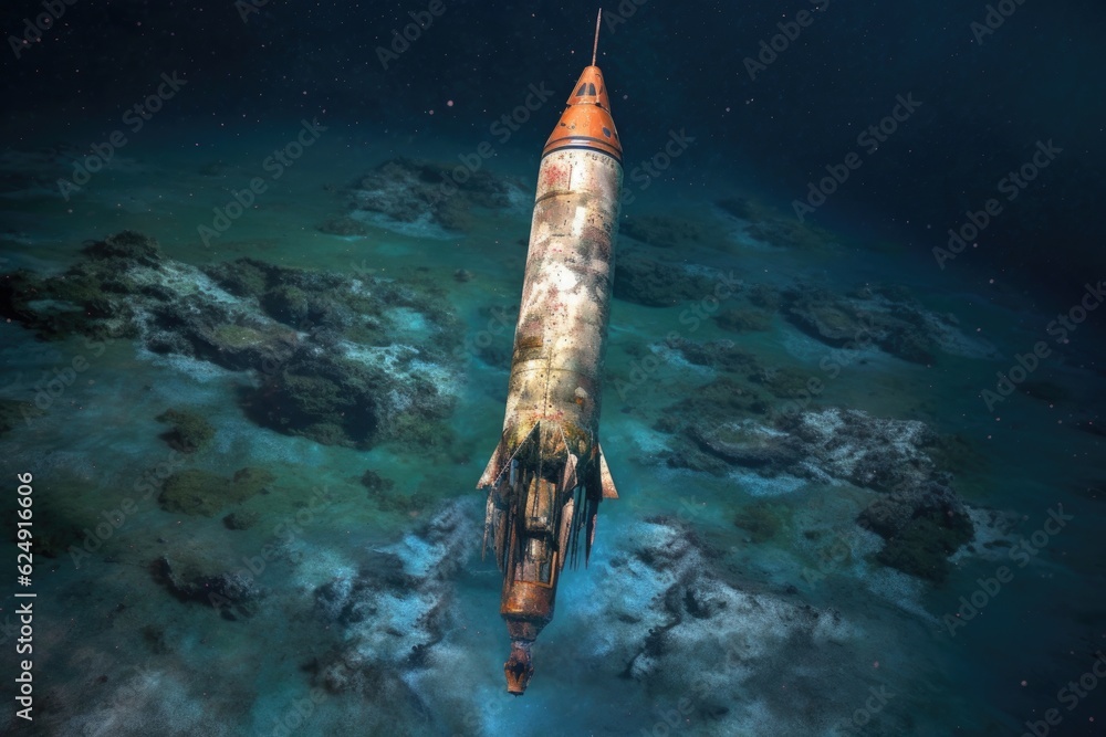 Wall mural decaying rocket floating near the moons surface, created with generative ai