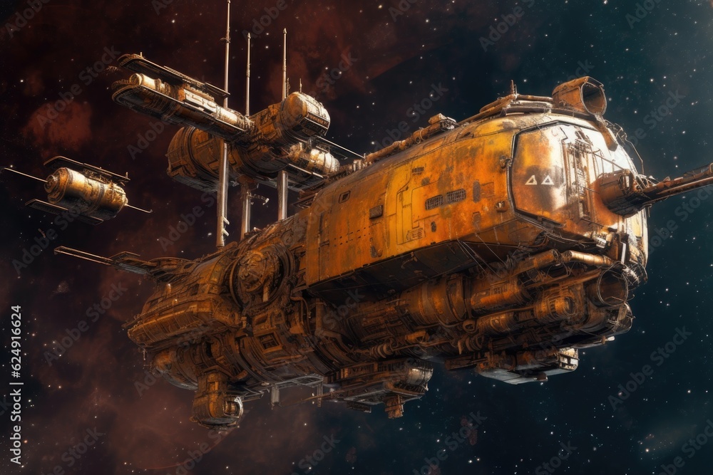 Sticker close-up of rusted spacecraft exterior floating in space, created with generative ai