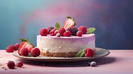 Beautiful and Fresh Cheesecake on a Plate with Berry Topping in Photography Style with Pastel and Feminine Color Tones - Studio Lighting Effect Food Presentation on Vintage Backdrop - Generative AI
