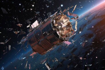 damaged communication satellite drifting in space debris, created with generative ai