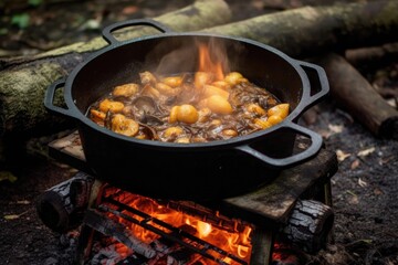 cast iron dutch oven cooking stew over flames, created with generative ai