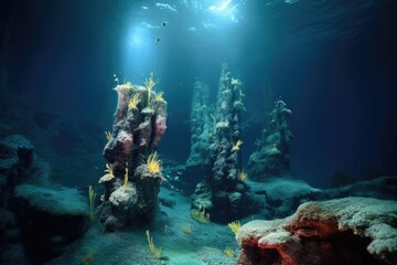 underwater landscape of hydrothermal vent system, created with generative ai