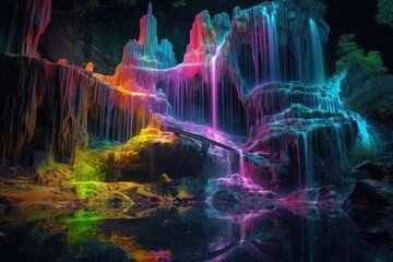 neon rainbow-colored cascading waterfall at night, created with generative ai