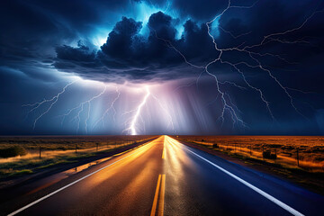 Lightning Storm Strikes on Road, Transparent background. generative AI