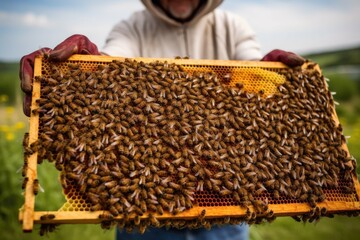 honeycomb full of honey and bees, held by beekeeper, created with generative ai