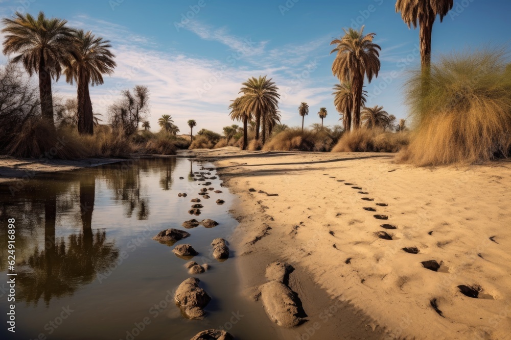 Wall mural a trail of animal footprints leading to a desert oasis, created with generative ai