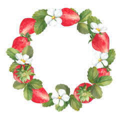 Watercolor colorful realistic round wreath with ripe red strawberries and flowers isolated on white background