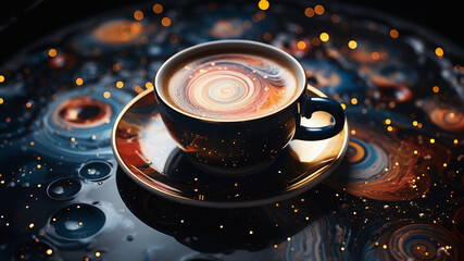 Colored  cup of universe coffee - Liquid Color design background - cup of coffee. Idea inspiring.