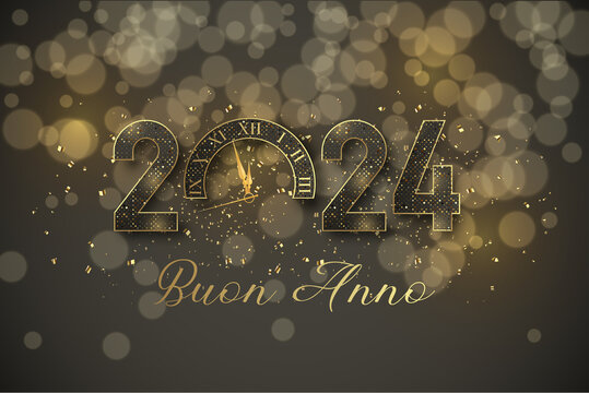 carta o banner per augurare un felice anno nuovo 2024 in grigio e oro lo 0 è sostituito da un orologio su sfondo grigio con glitter oro e stelle e cerchi in effetto bokeh