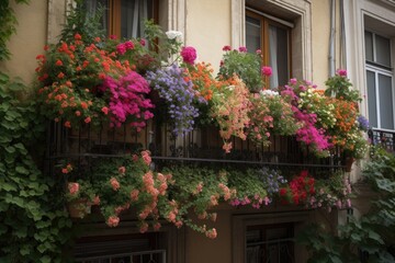 window garden overflowing with colorful and fragrant blooms, bringing a pop of color to the balcony, created with generative ai