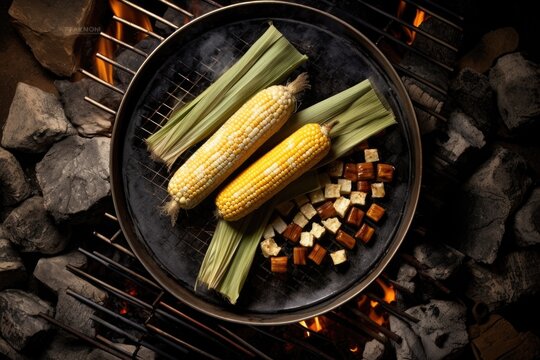 Overhead View Of Corn On The Cob Roasting On Campfire Grate, Created With Generative Ai