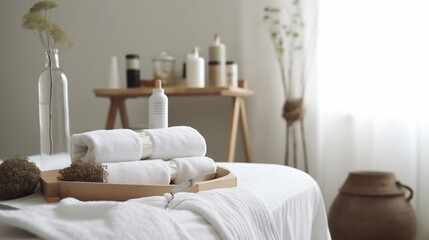 Towels with herbal bags and beauty treatment items setting in spa center in white room