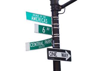 Central Park South and Sixth Avenue street signs in New York City. Transparent background.