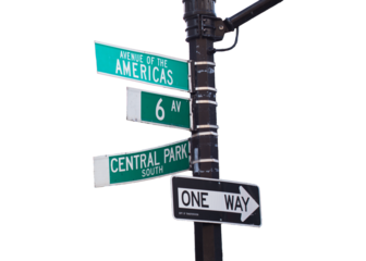 Central Park South and Sixth Avenue street signs in New York City. Transparent background.