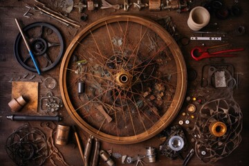 Fototapeta na wymiar top view of disassembled bike wheel with spokes, created with generative ai