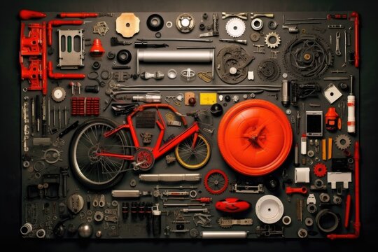 disassembled bike parts organized in a grid, created with generative ai