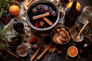 Fototapeta na wymiar top view of mulled wine ingredients on a table, created with generative ai
