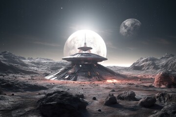 Fototapeta na wymiar alien spacecraft landing on a desolate moon surface, created with generative ai