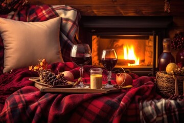 warm fireplace setting with mulled wine and cozy blanket, created with generative ai