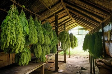 aromatic herbs drying in a well-ventilated shed, created with generative ai