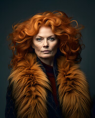 An elderly woman with the face of a lioness, rich orange wavy hair, proud attitude. 