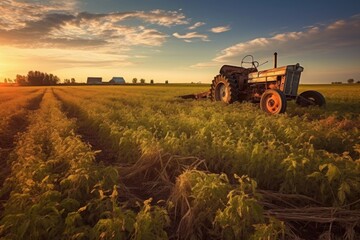 broken tractor beside thriving crop field, created with generative ai