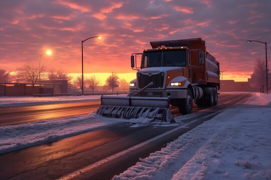 snow plow clearing a parking lot at sunrise, created with generative ai