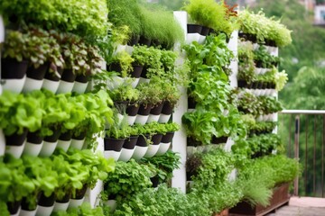 rows of vertical hydroponic planters with herbs, created with generative ai