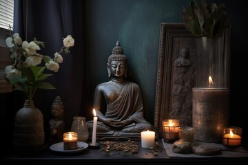 serene corner with buddha statue and candles, created with generative ai