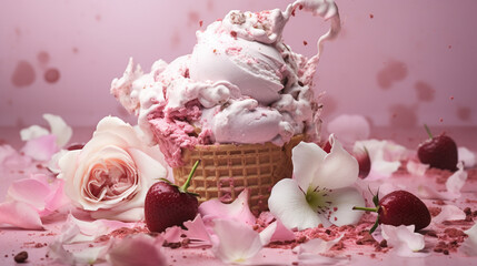 Colorful Summer Ice Cream Treat in a Waffle Cone - Decorated with Flowers and Fruits - Pastel Pink, Purples, and Blue Hues with Food Photography Style and Studio Lighting Effect - Generative AI