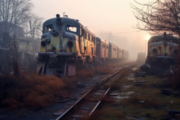 Fototapeta na wymiar foggy morning at eerie train graveyard, created with generative ai