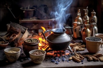 chai tea brewing process step-by-step arranged near the fire, created with generative ai