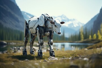 Robot cow in the nature. Generative AI art