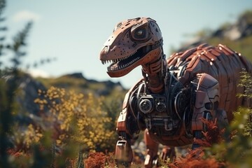 Dinosaur robot in the nature. Generative AI art