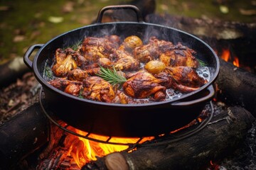 aromatic campfire chicken in a dutch oven, lid slightly ajar, created with generative ai