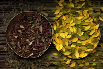 contrast between raw and processed tea leaves, created with generative ai